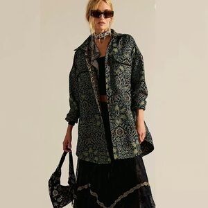 NWT Free People Tapestry Fog Jacquard Shirt Small Boho Blue Green Hippie Goth